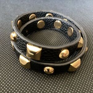 Black leather wrap bracelet with gold studs